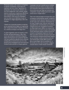 The second page of the feature design has two columns and a black and white photo.