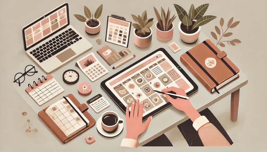 Isometric illustration of a person using a digital planner on a tablet at a cozy workspace, featuring a coffee cup, notebook, and plants in neutral colors with light pink, orange, and green accents.