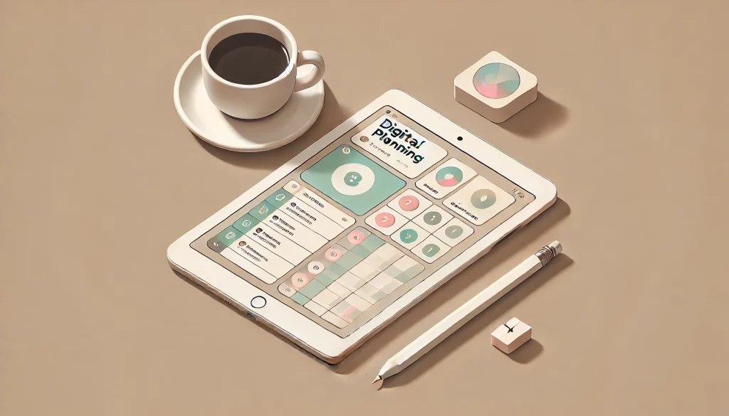 Isometric image featuring an iPad displaying a planning app interface, an Apple Pencil, and a cup of coffee with a beige color scheme."