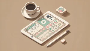 isometric art of a tablet with digital planning apps , an apple pen, and a cup of coffee.