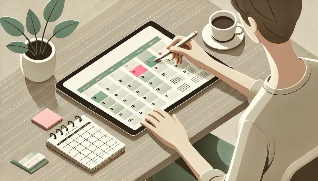 isometric man planning his month on a digital planner surrounded by a coffee cup, and potted plant.