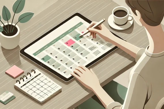 an isometric man planning out his month on a digital planner.