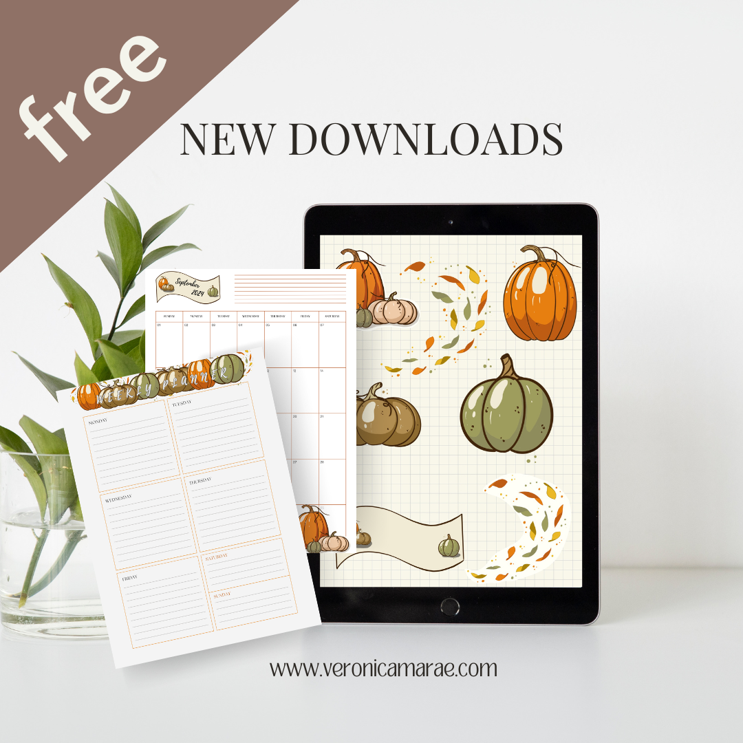 Fall inspired planner pages and sticker pack. Shows a variety of pumpkins and leaves.